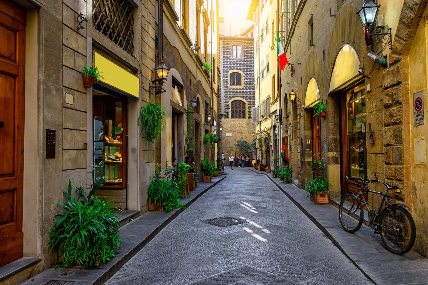 A narrow street featuring a bicycle parked beside a building, showcasing urban life and architecture.